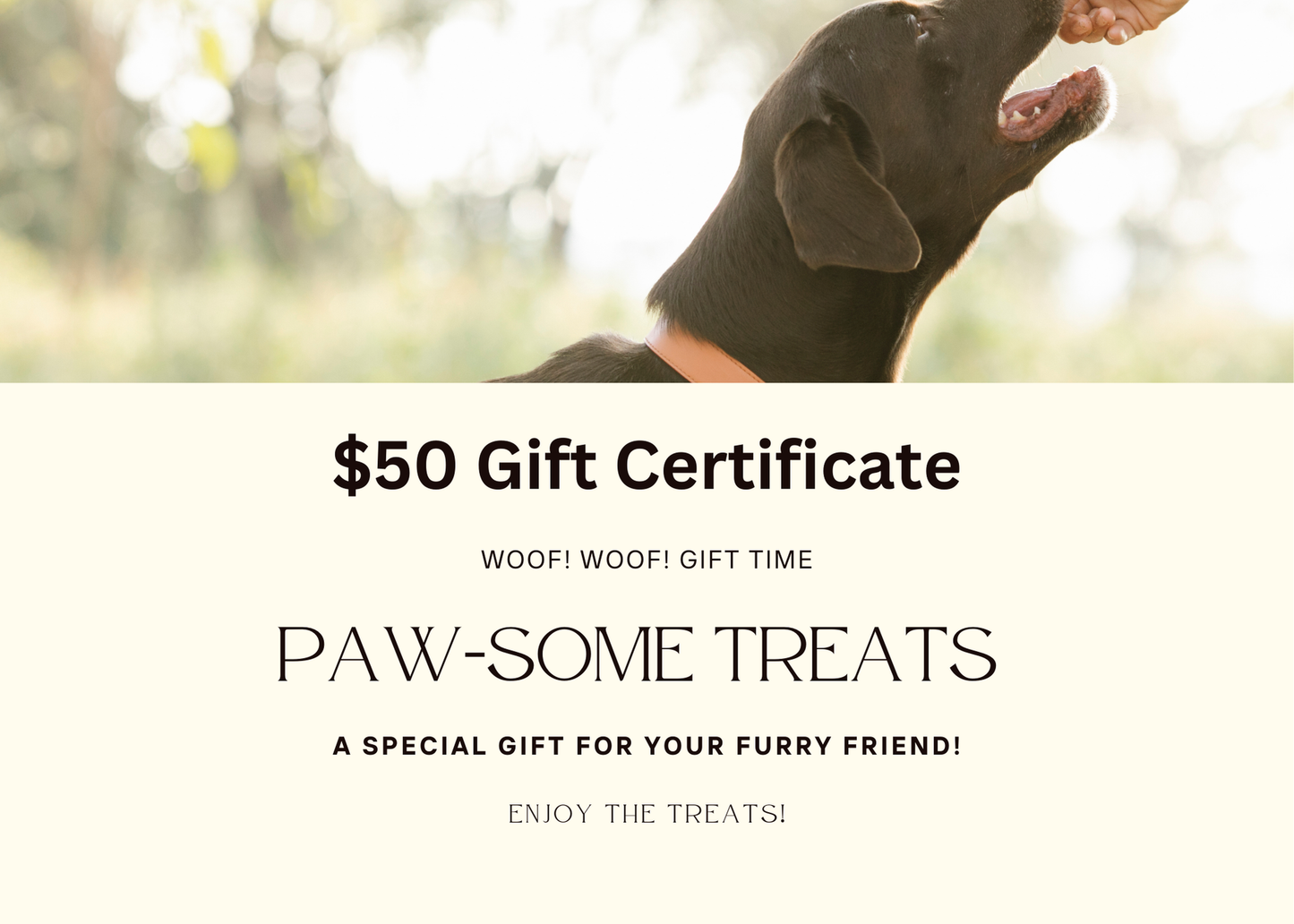 $50 gift certificate for Ellie's Gourmet Barkery dog treats - perfect gift for dog lovers featuring paw-some treats made in Montana