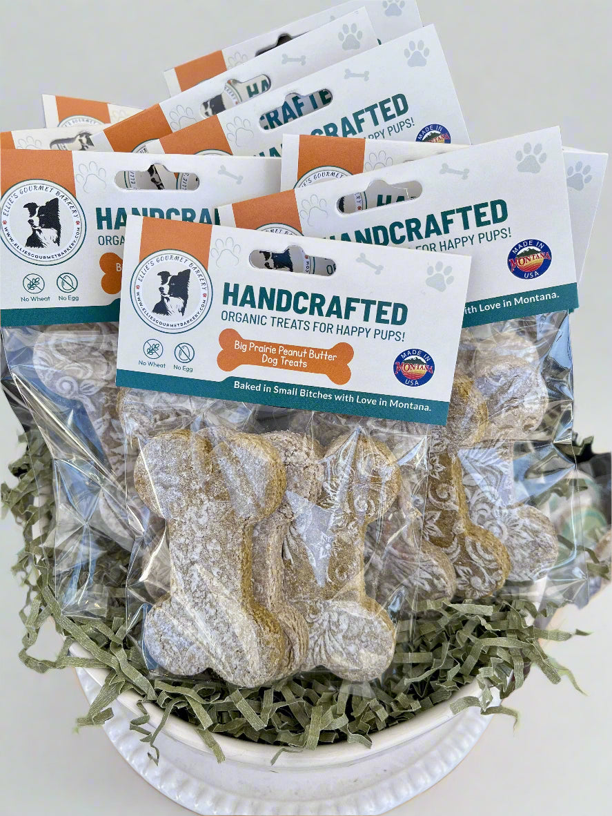 Ellie's Gourmet Barkery Big Prairie Peanut Butter dog treats retail display basket - wholesale packaged organic treats with branded headers made in Montana