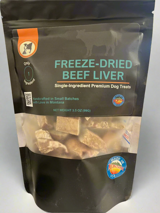Ellie's Gourmet Barkery freeze-dried beef liver dog treats in premium black stand-up pouch - 3.5oz single ingredient Montana-made dog treats